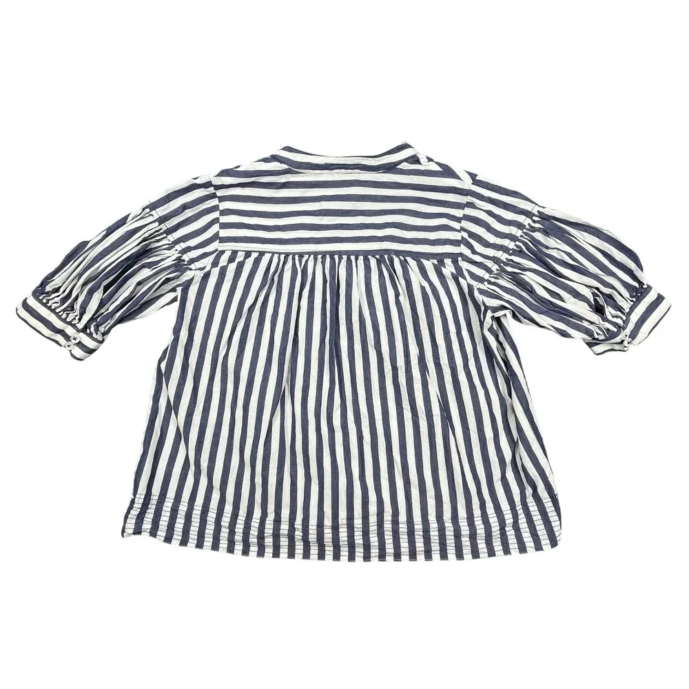 Anthropologie Navy White Striped Puff Sleeve Split Neck Blouse Womens Small